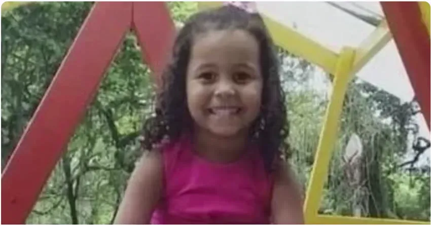 Ana Clara sorrindo num balanço de parquinho, de blusa rosa e cabelo cacheado.
